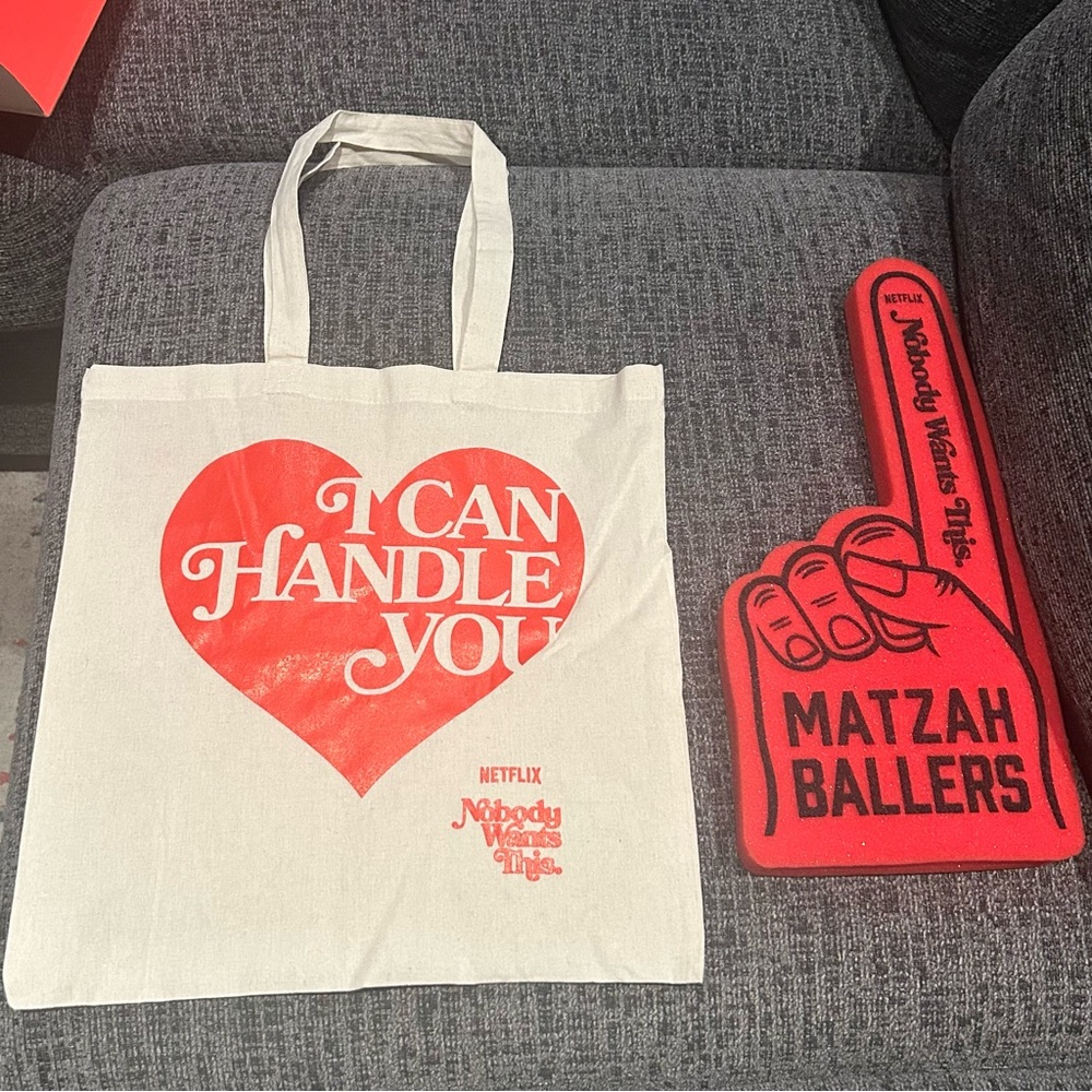 Nobody Wants This TV Merch - I can handle you bag and Matzah Ballers foam finger